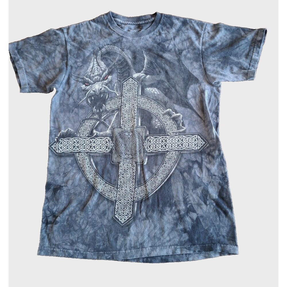 The Mountain Tie Dye T Shirt Dragon Cross Fantasy Black Gray Adult Medium